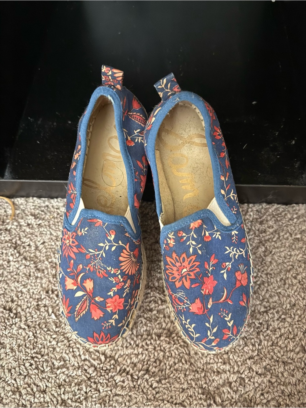 Sam Edelman Navy Canvas Floral Slip-On Espadrilles with Coral Accents